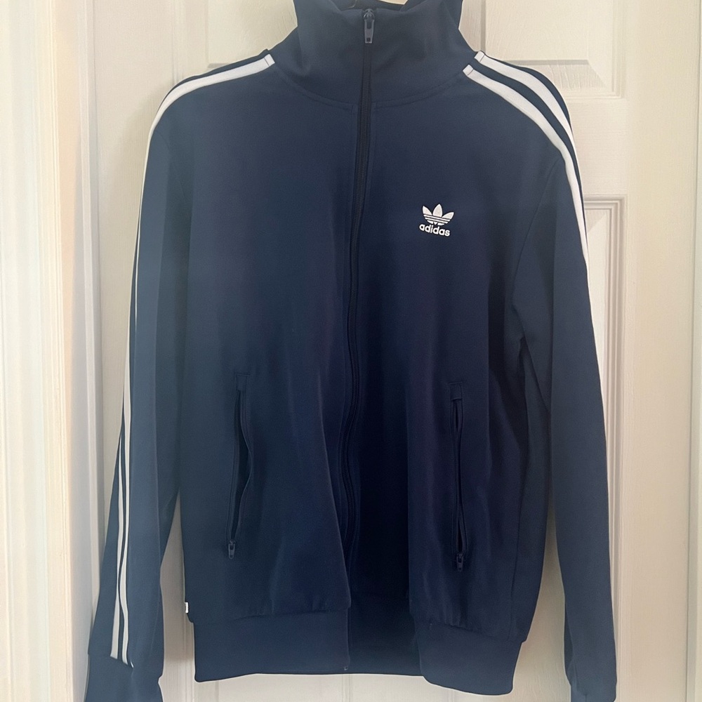 Adidas Dark Blue Zip-Up Jacket with White Stripes